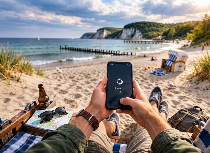 Blick über die Schulter eines Touristen, der im Strandkorb auf Rügen sitzt und auf seinem Smartphone auf das Laden einer Website wartet.
